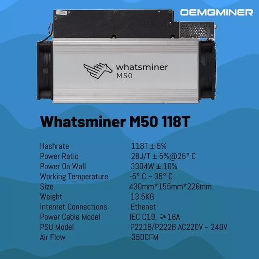 Whatsminer M50 118TH 3304W SHA-256 BTC Bitcoin Miner ASIC Mining Machine